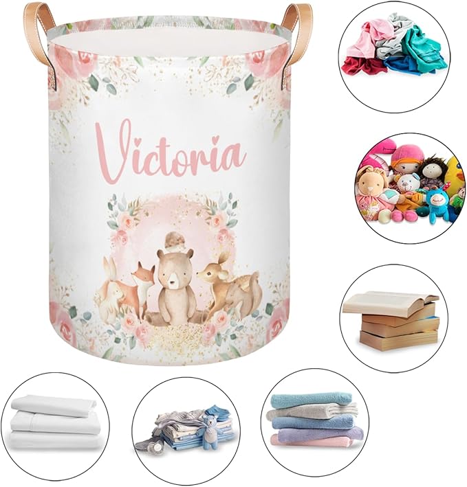 Personalized Laundry Basket, Custom Gift Laundry Hamper, Collapsible Nursery Waterproof Laundry Baskets, Dirty Clothes Toy Hamper with Handles Pink Floral Woodland Animals