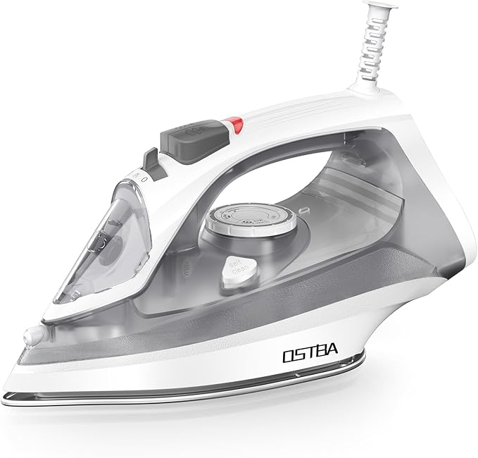 OSTBA 1600W Steam Iron for Clothes with Rapid Heating Nonstick Soleplate, Precise Thermostat Dial, Self-Cleaning, Anti-limescale, Drip Stop Function, 300ml Water Tank Clothes Iron