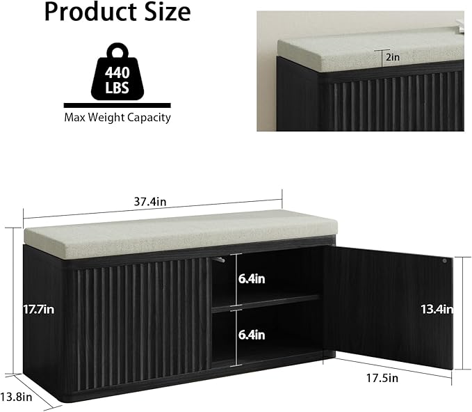 Double Layered Shoe Cabinet with Bench,Wooden Shoe Bench with Soft Cushion,Double Door without Handle Pressing Spring,Fluted Panel,Suitable for Entrance,Corridor and Living Room (Shoe Bench-Black)