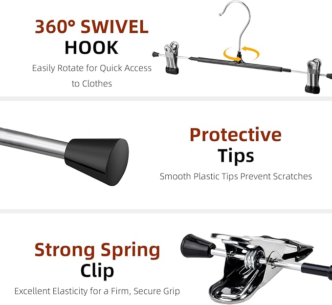 30 Pack Pants Hangers with Clips, 12 Inch Adjustable Skirt Hangers, Space Saving Non-Slip Clip Hangers with 360° Swivel Hook for Jeans, Shorts, Socks, Scarves