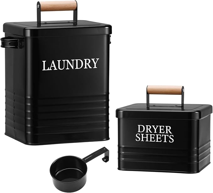 Metal Laundry Powder Container with Dryer Sheet Holder Modern Farmhouse Laundry Detergent Container with 1 Spoon Fabric Softener Dispenser with Lid for Space Saving Room Organization and Decor