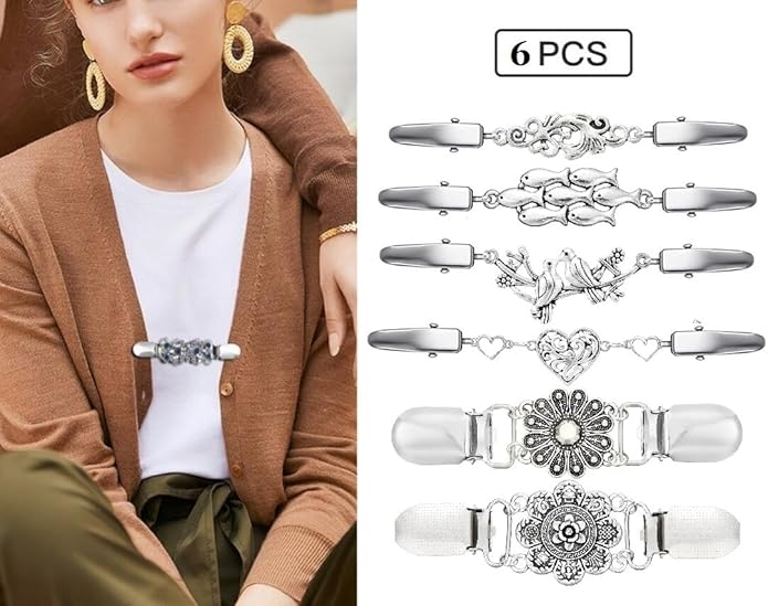 Vintage Sweater Clips Shawl Dresses Shirt Clips Retro Cardigan Collar Chain Clips Brooch Pins for Women