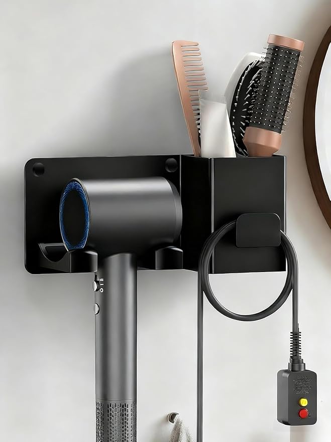 Hair Dryer Holder with Tool Organizer, Blow Dryer Holder Compatible with Dyson, Shark, Hair Dryer Hanger Wall Mounted by 3M Tapes Adhesive Or Screw for Bathroom, Vanity, Bedroom - Mg-Al Alloy, Black