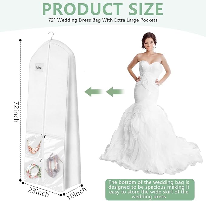 WSSROGY 72" Long Wedding Dress Garment Bag Cover for Gowns Women with 10'' Gusseted Dress Bags 4 Pocket (White 1 Pack)