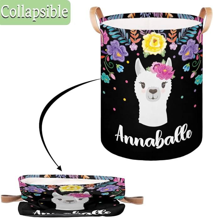 Personalized Laundry Basket, Custom Gift Laundry Hamper, Collapsible Nursery Waterproof Laundry Baskets, Dirty Clothes Toy Hamper with Handles Llama Colorful Floral