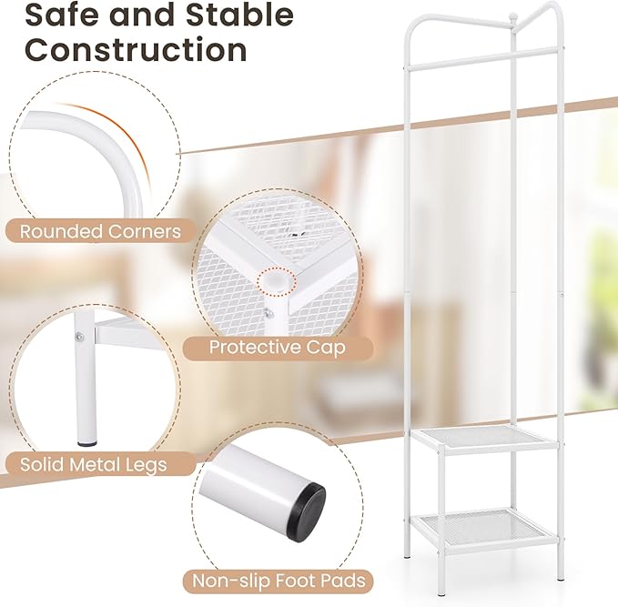 Tangkula Corner Coat Rack with Storage, Simple Hall Tree with Hanging Rod & 2 Mesh Shelves, Anti-toppling Devices, Freestanding Metal Clothes Rack Shoes Shelf Organizer for Entryway Bedroom (White)
