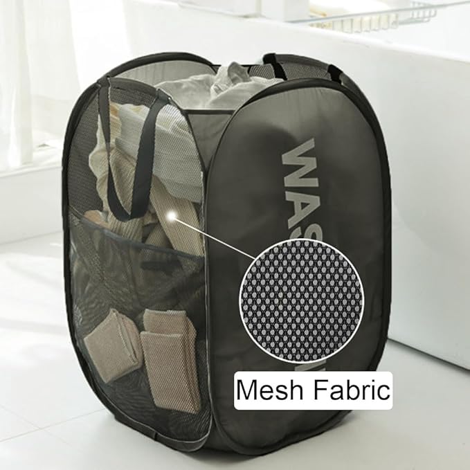 Pop Up Laundry Hampers, Collapsible Mesh Laundry Baskets, 2 Pack Black Clothes Hampers Storage Baskets for Home, Dorm, Travel