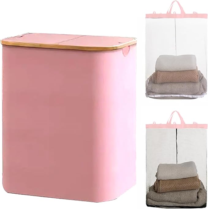 150L Laundry Basket with Lid, Large 2 Compartments Laundry Hamper with Handles & laundry bag Removable in Laundry Room, College Dorm, Bathroom, Bedroom (pink)