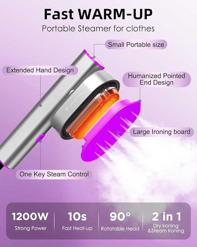 ELORTI Travel Steamer for Clothes, Handheld & Portable 2-in-1 Design, 10s Rapid Heat, 1200W Rotating Head, Compact Size 110–120V for Travel, Home (Pruple)
