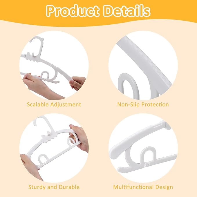 30 Pack Clothes Hangers with 16 Clips, 11-15 inch Plastic Adjustable Clothes Hanger, Durable & Non-Slip, Space Saving Coat Hanger for Pants, Jackets and Dress (White)