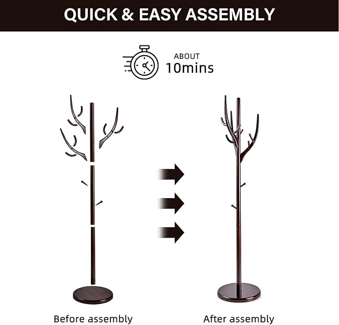 CozyDH Coat Rack Wooden Freestanding - Wood Coat Rack Freestanding Heavy Duty, Wooden Coat Stand with 12 Hooks Creative Tree Branch-look for Entryway, Hallway, Bedroom (Dark Walnut)