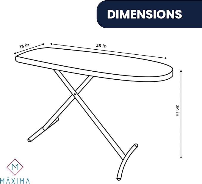 M Maxima | Ironing Board | Size 35x12'' | Retractable Wire Iron Rest | 4 Leg Iron Board | Thick Heavy Padded 4 Layers, Scorch Resistant Foam Cover