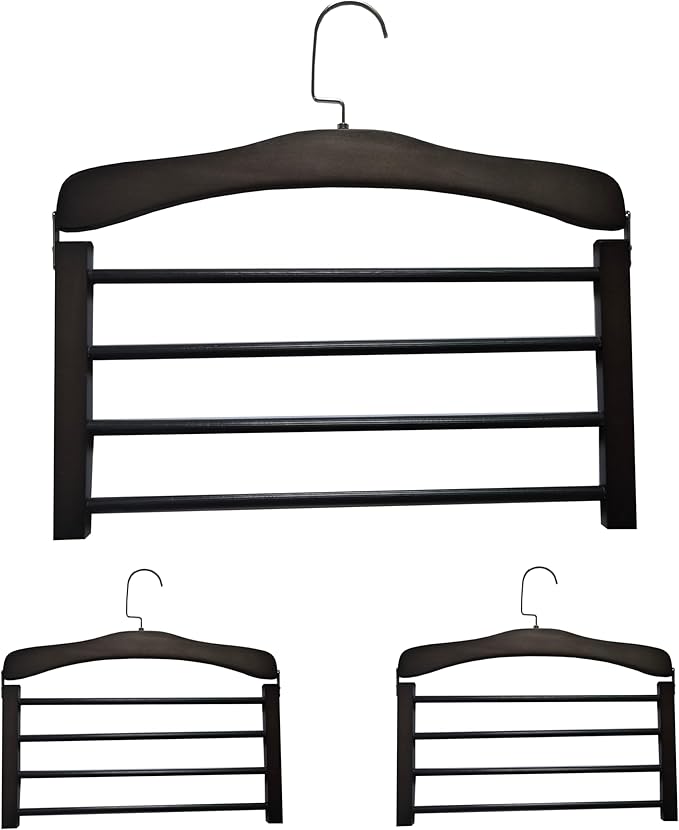 Wooden Pant Hanger Space Saving - 4 Tier Closet Storage Hanger Organizer for Jeans Legging Scarves Pants Towels, 3 Packs, Black