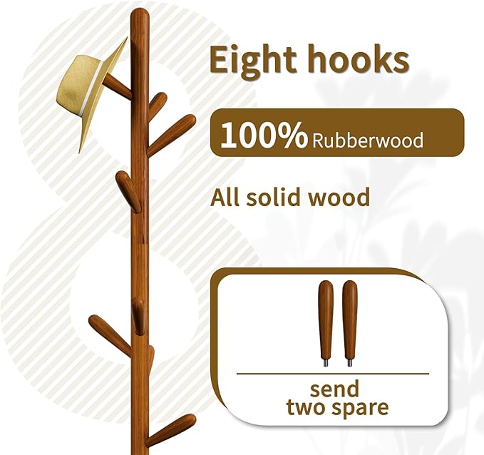 Solid Wood Round Base Coat Rack, Free Standing Hall Coat Tree with 8 Hooks（+2 spare for Coats, Hats, Bags, Purses, for Entryway, Hallway, Rubberwood Hooks,Base and Pole(Round Base,Brown)