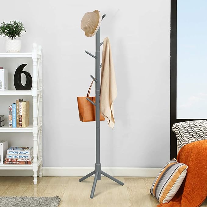 Tangkula Coat Rack Freestanding, Rubber Wood Coat Stand with 8 Hooks, Height Adjustable Entryway Coat Tree Coat Hanger Stand for Home Office Hall Entryway