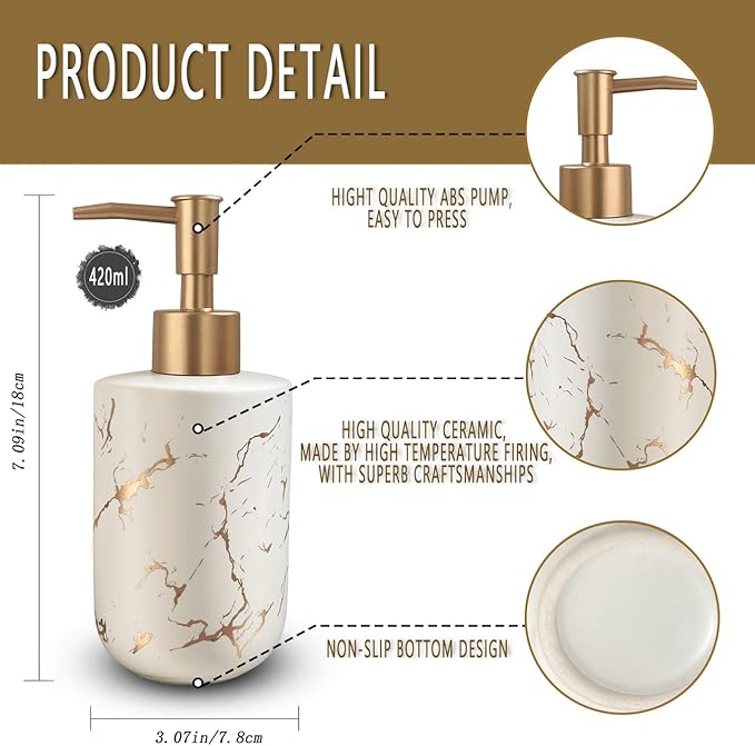 Gold Ceramic Soap Dispenser with Marble Pattern - Liquid Hand Soap Dispenser Pump Bottle (White)