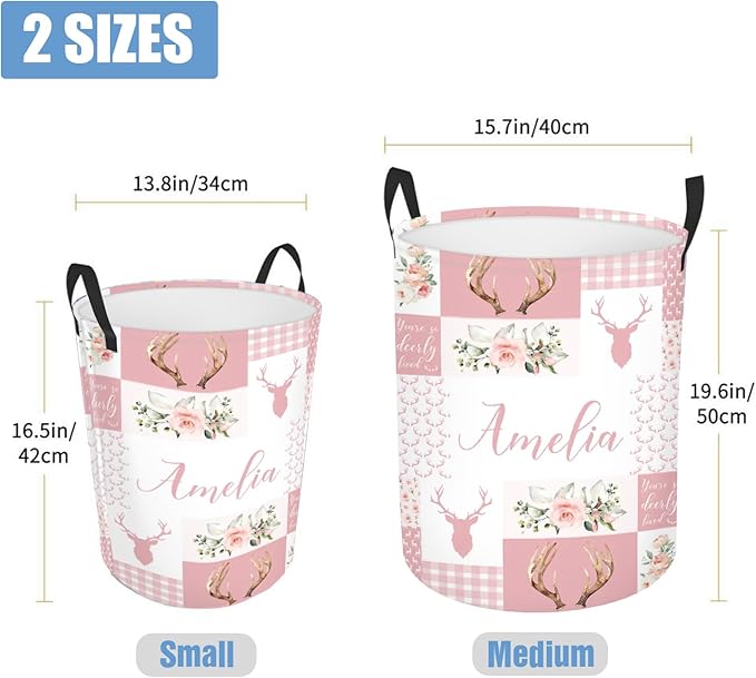 Custom Name Deer Laundry Baskets, Personalized Pink Laundry Basket for Kids & Adults, 2 Sizes Storage Organizer