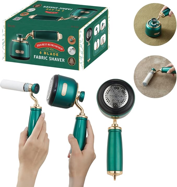 SALAV® Retro Edition Rechargeable Fabric Shaver and Lint Roller with 6-Blade System Removes Fuzz and Piling on Fabrics, with Charging Cable and Mini Brush (Emerald)
