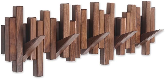 DESAINOPH® Wooden Coat Rack Wall Mounted Sticks Multi Rack Solid Handmade Natural Walnut Wood Artwork with 5 Flip-Down Unique Modern Hooks for Coats Bag Hat Umbrella