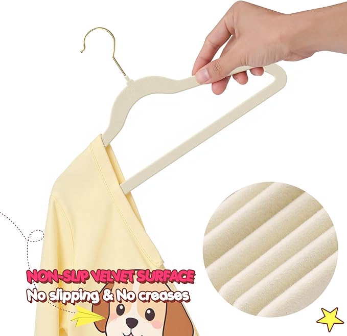 Korpai 30 Pack Baby Velvet Hangers 11 Inch,Non-Slip,Ultra Slim,Space-Saving Baby Hangers with 360° Swivel Hook, 7LBS Capacity,Baby Clothes Hangers Ideal for Baby Romper/Dresses/Shirts/Coats/, Beige