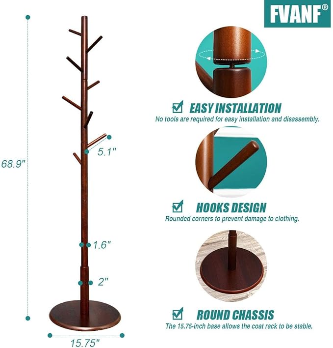 Wooden Coat Rack Rack Stand, Hall Tree Coat Tree Entryway Coat Hanger with 8 Hooks, Sturdy Round Base, for Coat, Hat, Clothes, Scarves, Handbags, Umbrella (Dark Brown)