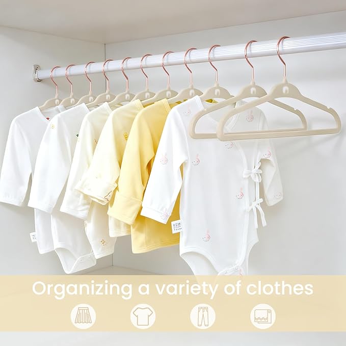 Kids Velvet Hanger 50 Pack, 11" Baby Clothes Hangers with Rose Gold Swivel Hook & 10 Clips, Ultra Thin 0.2" Non-Slip Nursery Hangers, Stackable Space-Saving Felt Hangers for Closet, Beige