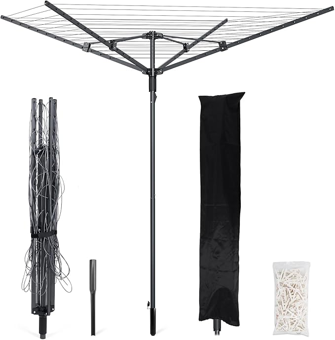 Outdoor Umbrella Clothes Drying Rack, 165 Feet Drying Space, 4 Arms 12 Lines, Steel Frame with Ground Spike, Rotary Clothesline for Backyard