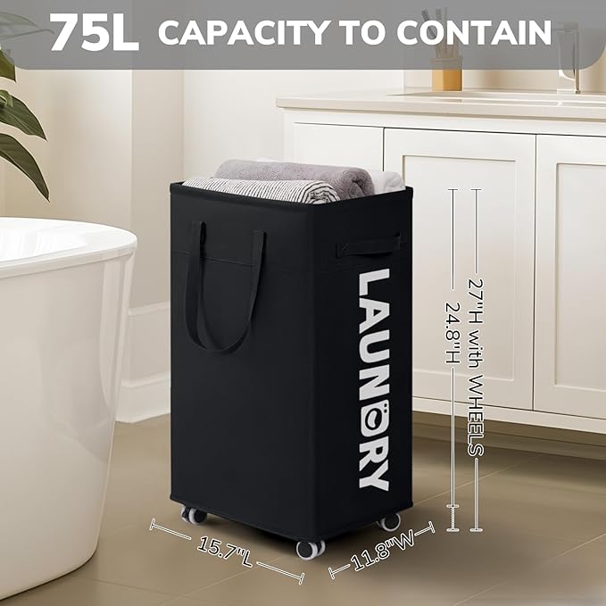 CHICVITA 2 Pack Laundry Hamper with Wheels & Removable Wash Bags, 75L Tall Laundry Basket for Dorms, Large Collapsible Hamper for Corner Spaces - Black
