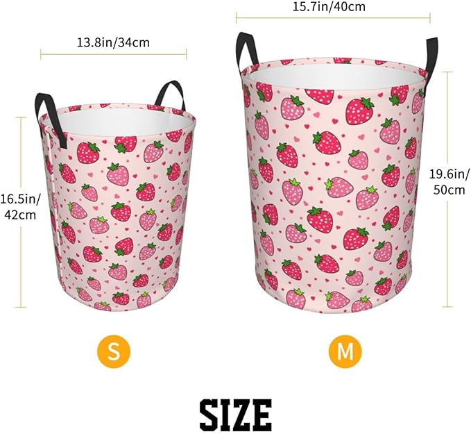 Dujiea Pink Strawberry Laundry Basket Round with Handle, Collapsible Foldable Canvas Storage Bin Dirty Clothes Bag for Laundry/Toys Organizer/College Dorm/Nursery/Decor(2 Sizes)