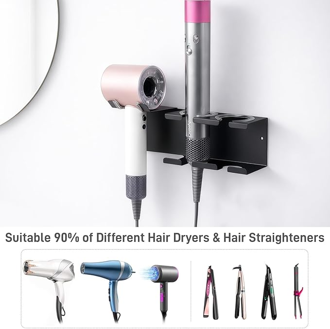 Hair Tool Organizer Wall Mount, Stainless Steel Curling Iron Holder Wall Mount, Hair Dryer and Straightener Holder 3-in-1 Storage for Bathroom Vanity Salon Black PTALSEAW