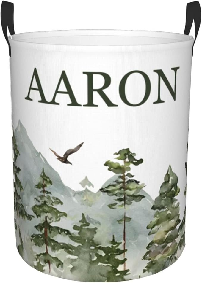 Personalized Laundry Basket for Nursery, Custom Nursery Laundry Hamper with Name, Customize Baby Clothes Circular Hamper for Boys Girls Room Decor, Mountain