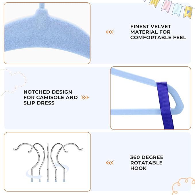 Velvet Baby Hangers with Clips (30 Pack) | 11” Ultra-Slim Baby Clothes Hangers | Non-Slip Felt | Space-Saving Nursery & Infant Closet Organizer | Blue