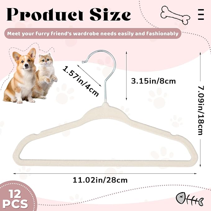 Weysat 12 Pcs Dog Clothes Hangers 11'' Non-Slip & 360° Swivel Velvet Small Pet Beige Hangers for Cats/Dogs with Rustproof Metal Hooks, Space-Saving for Home Storage & Grooming Salons Minimalism