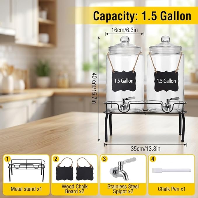 1.5 Gallon Glass Drink Dispenser Set of 2, Drink Dispensers for Parties, Beverage Dispenser with Stand and Glass Lid, 100% Leakproof Spigot, Ideal for Lemonade, Juice, Laundry Detergent