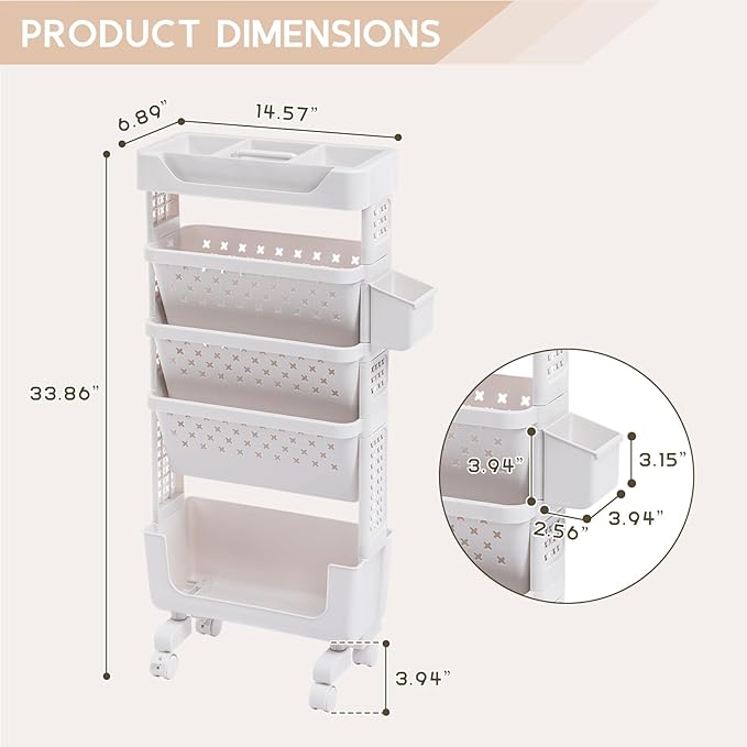 AGTEK 5-Tier Rolling Cart Study, Book Storage Cart, Magazine Rack, Slim Design, Top Shelf, Office Bookcase, Living Room Storage Rack, Large Capacity, Classroom, White