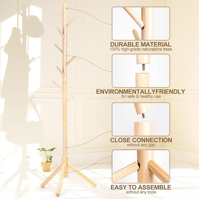 Solid Wooden Coat Rack Freestanding, New Zealand Pine Coat Tree with 8 Hooks & 3 Adjustable Sizes for Coats, Hats, Handbags and Scarves, Space Saving for Entryway/Office/Bedroom (Nature)