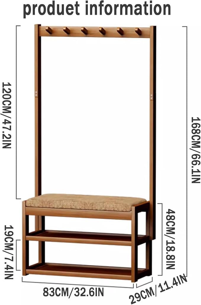 Hall Tree with Bench and Shoe Storage, Coat Rack Freestanding, Coat Hooks and Side Hooks, 5 in 1 Large Organizer, Sturdy Frame WithHooks for Entryway, Hallway(L83*W29CM/L32.6*W11.4IN)