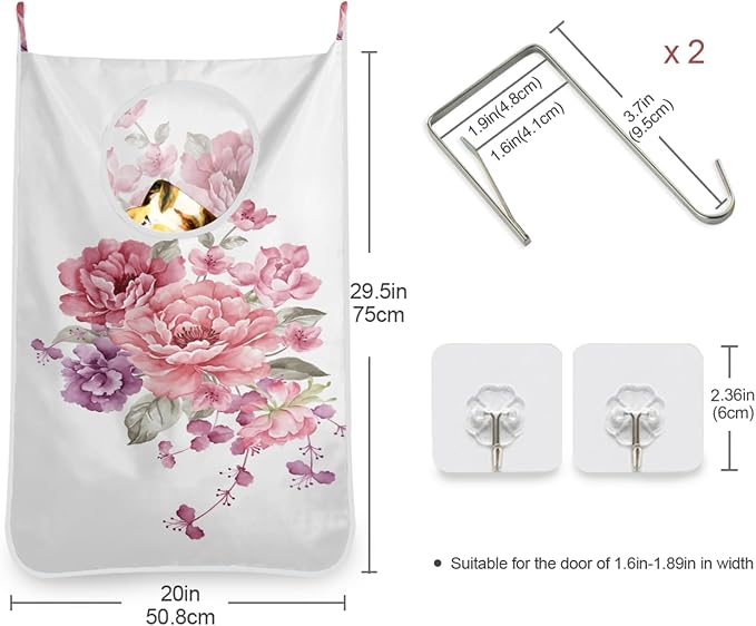 Hanging Laundry Hamper Floral with Stainless Steel Hooks,Oxford Fabric Printing Door Laundry Clothes Bag, 29.5X20inch 1PCS