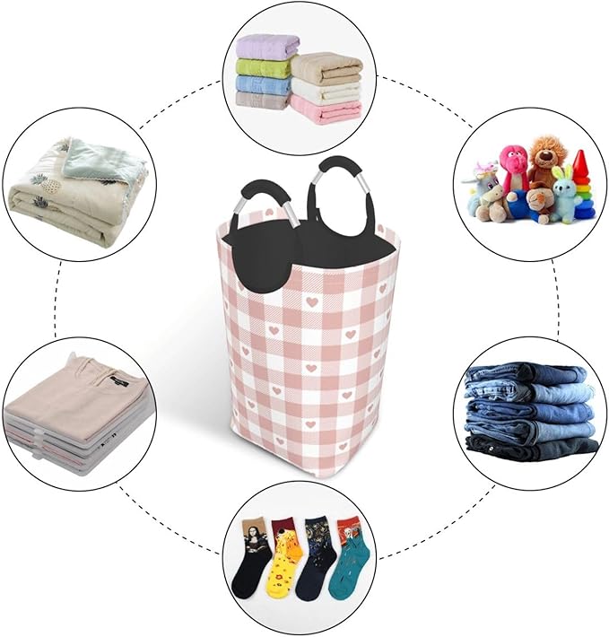Cute Heart Laundry Basket Pink Buffalo Plaid Foldable Laundry Hamper Checkered Collapsible Laundry Baskets with Handles Clothes Hamper Laundry Tote Bag for Dorm Family Storage Bin 50L