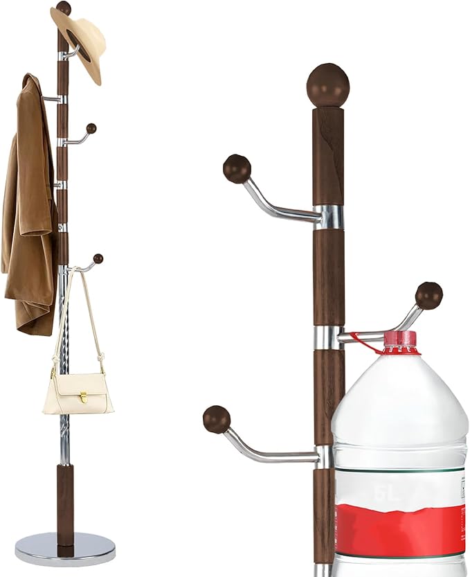 Wooden Coat rack freestanding, Coat racks stand with 6 Hook, Heavy duty coat tree standing Adjustable Heights for Bedroom, Entryway, Hallway, Office, Metal Base (Walnut)