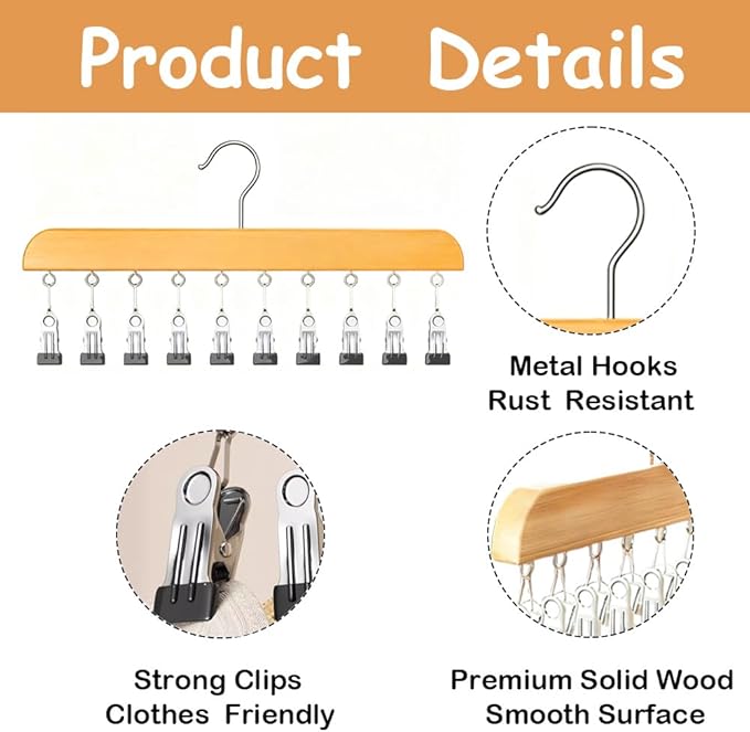 4 Pack Hat Hangers for Closet Display, Wooden Hat Storage Organizer with 40 Metal Clips for Baseball Caps, Winter Hat Rack for Beanie, Skullies, Visors, Natural Wood Color