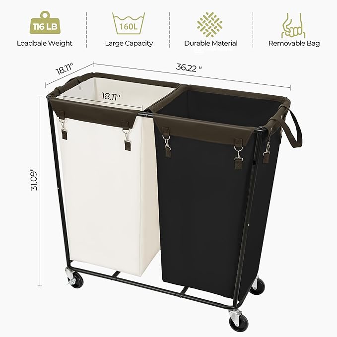 280L Rolling Laundry Basket With Wheels, Large Double Laundry Hamper With Wheels and Removable Bag, Wheeled Dirty Clothes Laundry Basket Organizer For Dorm, Bathroom, Laundry, BK