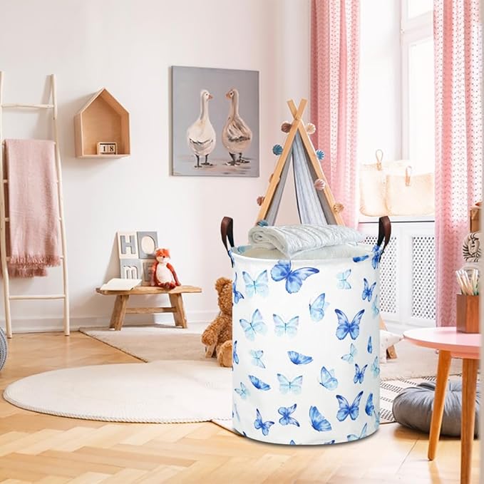 Kids Laundry Hamper,Laundry Basket,Baby Nursery Hamper,Waterproof Storage Bin,Clothes Organizer,Toys Bin,Room Decor(Blue Butterfly)