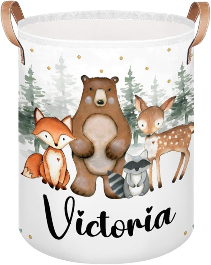 Personalized Laundry Basket, Custom Gift Laundry Hamper, Collapsible Nursery Waterproof Laundry Baskets, Dirty Clothes Toy Hamper with Handles Woodland Forest Animals