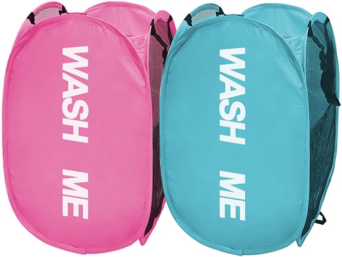 Mesh Popup Laundry Baskets, Collapsible Laundry Hampers, 2 Pack Clothes Hampers Storage Basket for Home, Bathroom, College Dorm, RV Cruise, Travel (Pink + Blue)