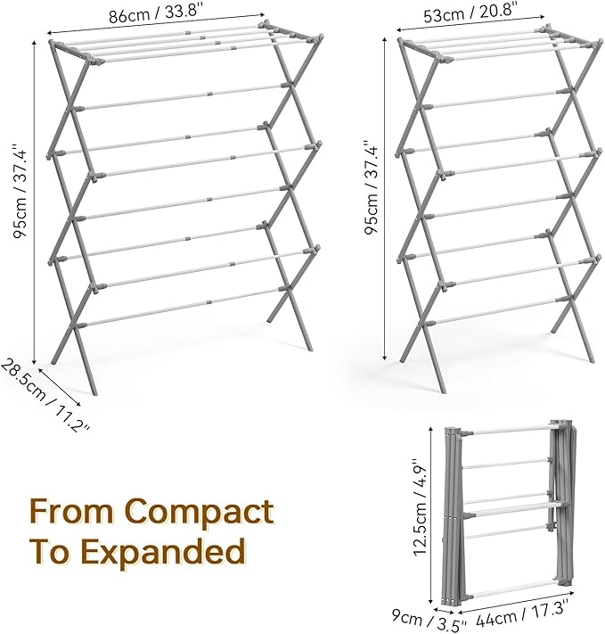 KINGBOARD Clothes Drying Rack, Collapsible Drying Rack Clothing with 11 Poles, 3-Tier Laundry Drying Rack, Small Clothes Drying Rack Foldable for Baby Clothes, 25lb Capacity, Grey