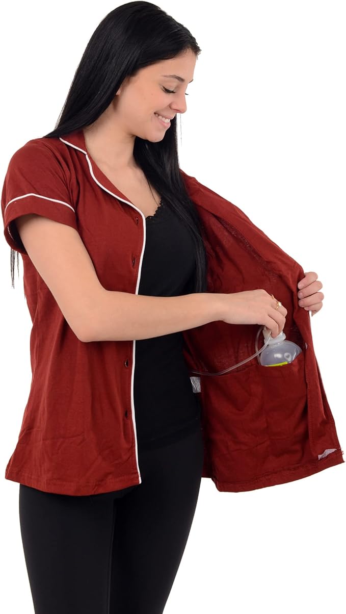 USBD Post Mastectomy Shirt with Drain Pockets Lapel Collar Post Op Button Down Recovery Tops