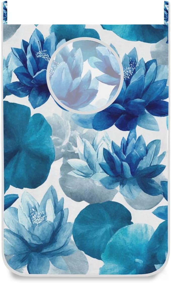 Ink Blue Lotus Flower Hanging Laundry Hamper Door Hampers Bag Basket with Stainless Steel Hooks Oxford Fabric Printing Decorative Clothes Bags 29.5X20inch 2Pack