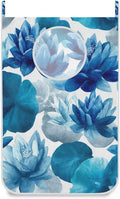 Ink Blue Lotus Flower Hanging Laundry Hamper Door Hampers Bag Basket with Stainless Steel Hooks Oxford Fabric Printing Decorative Clothes Bags 29.5X20inch 1Pack