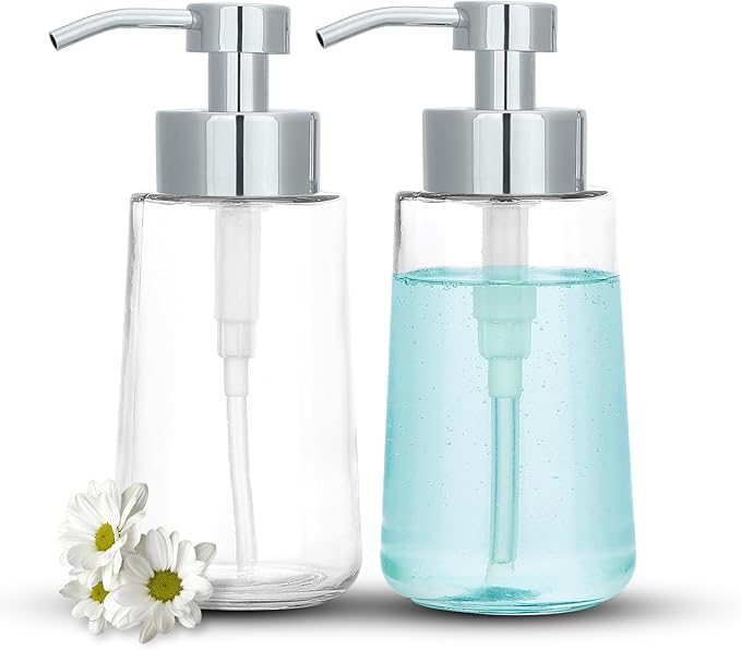 Doiliese Soap Dispenser, Clear Glass Soap Dispenser with Rust Proof Pump, 16oz Liquid Soap Pump with Waterproof Labels, Dish & Hand Soap for Bathroom, Kitchen, Chrome Pump, Pack of 2
